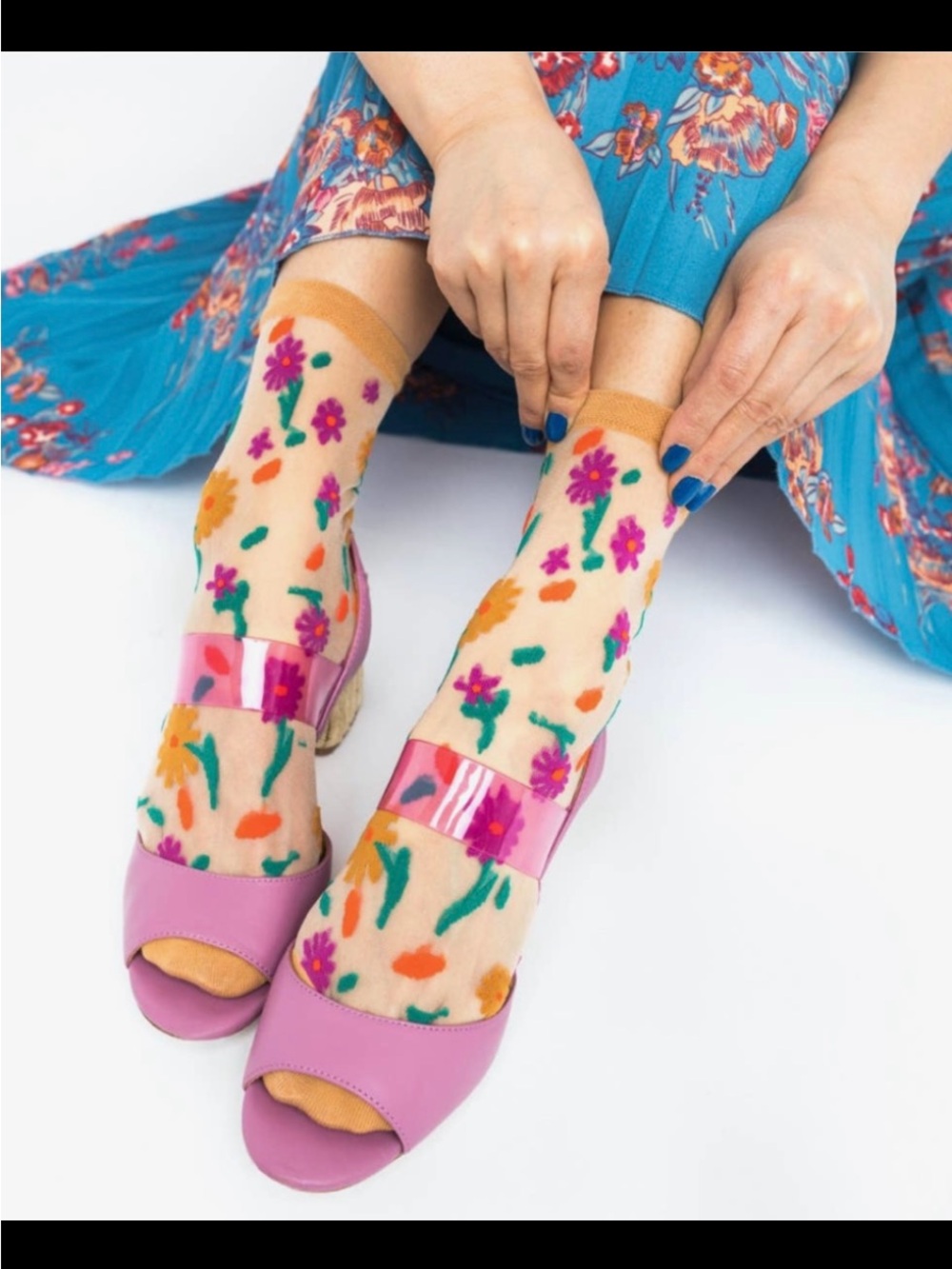 Sock Candy Ditsy Floral Sheer Black Crew Ankle Sock. Price firm.